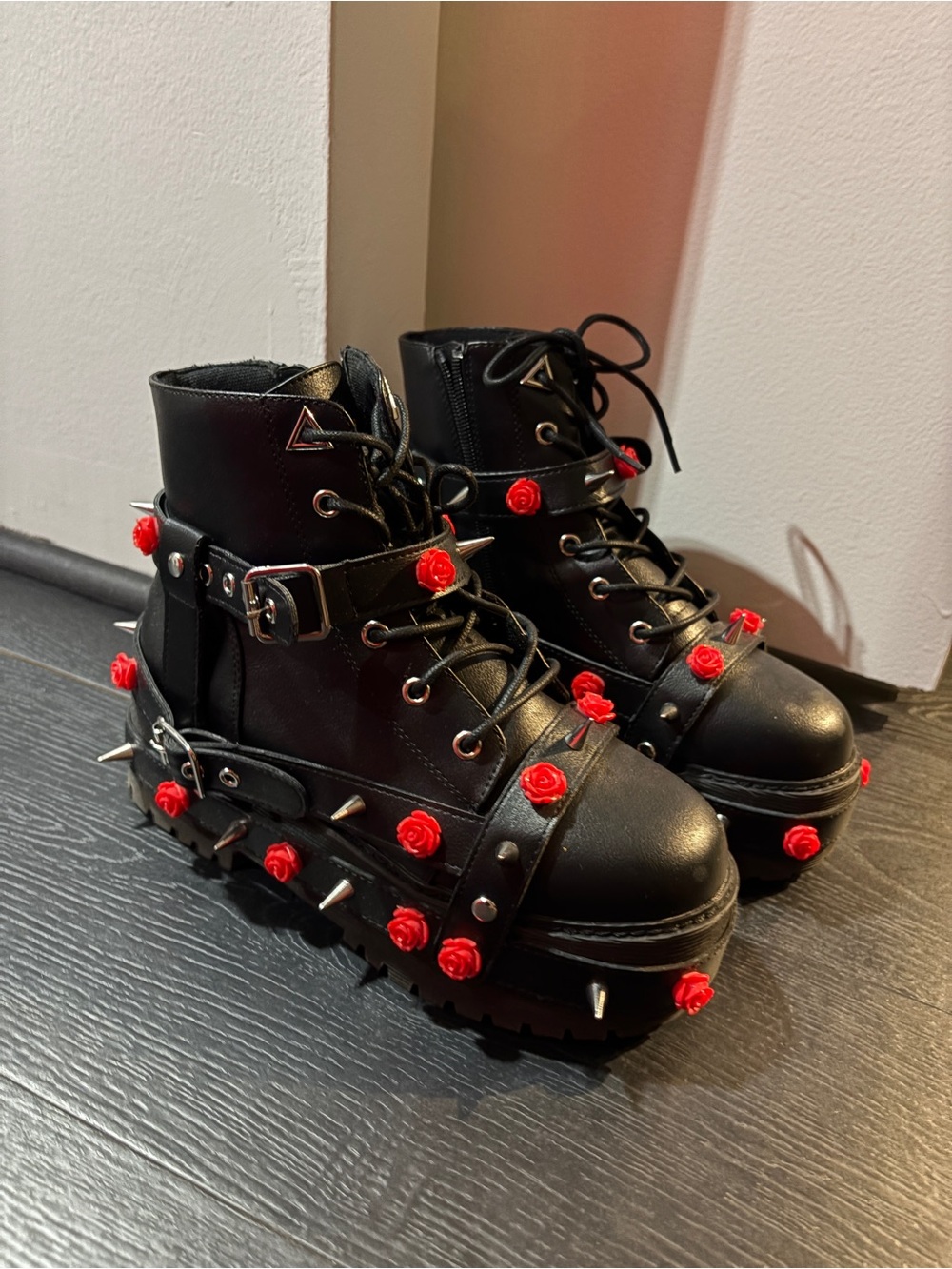 Dolls Kill Black Lace-Up Platform Combat Boots with Red Rose Studs